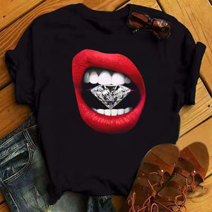 Red Lipstick Biting Diamond Gem Graphic Tee