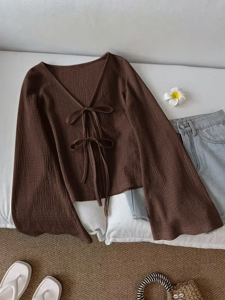 Front-Tie Bow Flared Sleeve Blouse