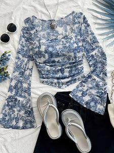 Butterfly Print Square Neck Mesh Top