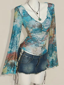 Periswen Print Flared Sleeve Semi-Sheer Top