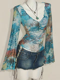 Periswen Print Flared Sleeve Semi-Sheer Top