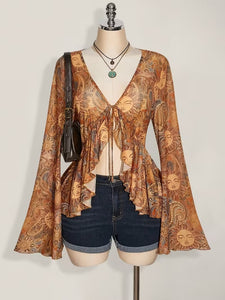 Plus Size Vintage Floral Tie-Front Mesh Top