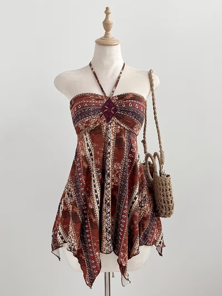 Geometric Print Halter Mini Dress