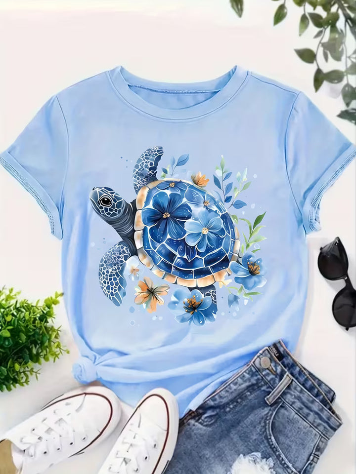 Blue Sea Turtle Floral Ocean Print Tee