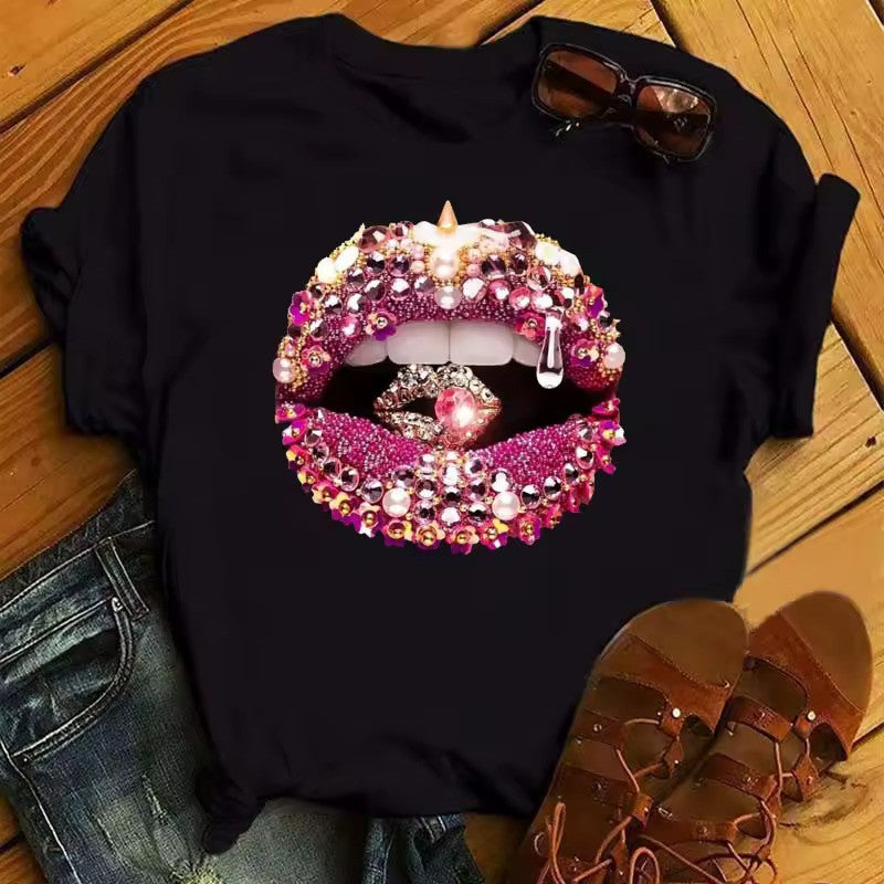 Colorful Diamond Lip Print Tee