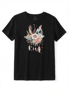 Flower & Feather Print Casual Tee