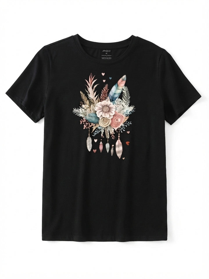 Flower & Feather Print Casual Tee
