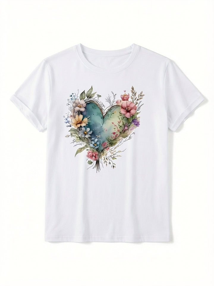 Flowers Surrounding Heart Print Tee