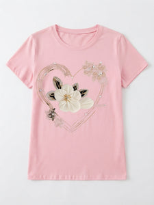 Pink Heart & Flower Print Casual Tee