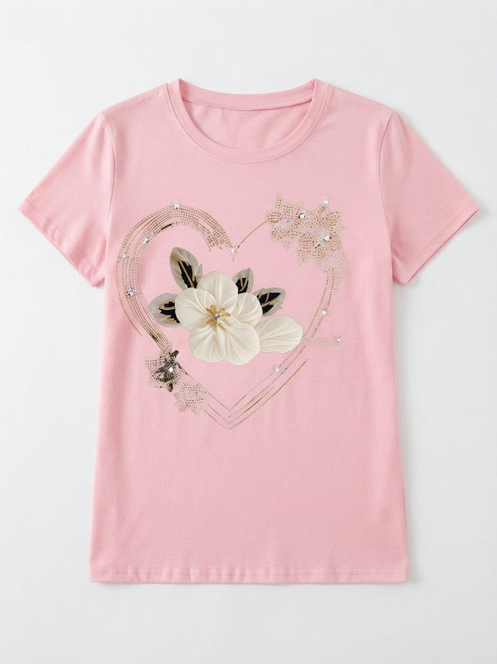 Pink Heart & Flower Print Casual Tee