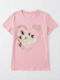 Pink Heart & Flower Print Casual Tee