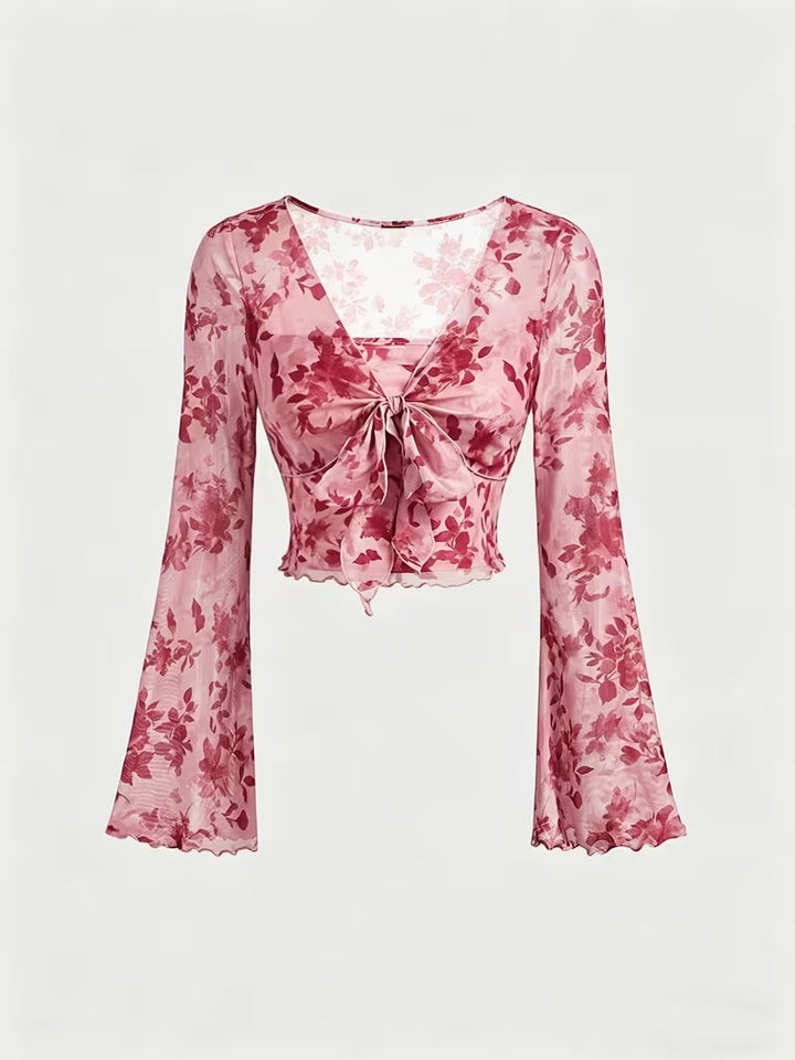 Floral Trumpet Sleeve Lace-Up Front Tee