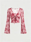 Floral Trumpet Sleeve Lace-Up Front Tee
