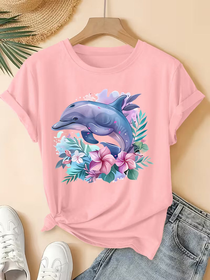 Watercolor Dolphin Tropical Floral Tee