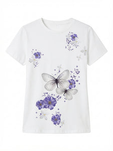 Purple & White Floral Butterfly Print Tee
