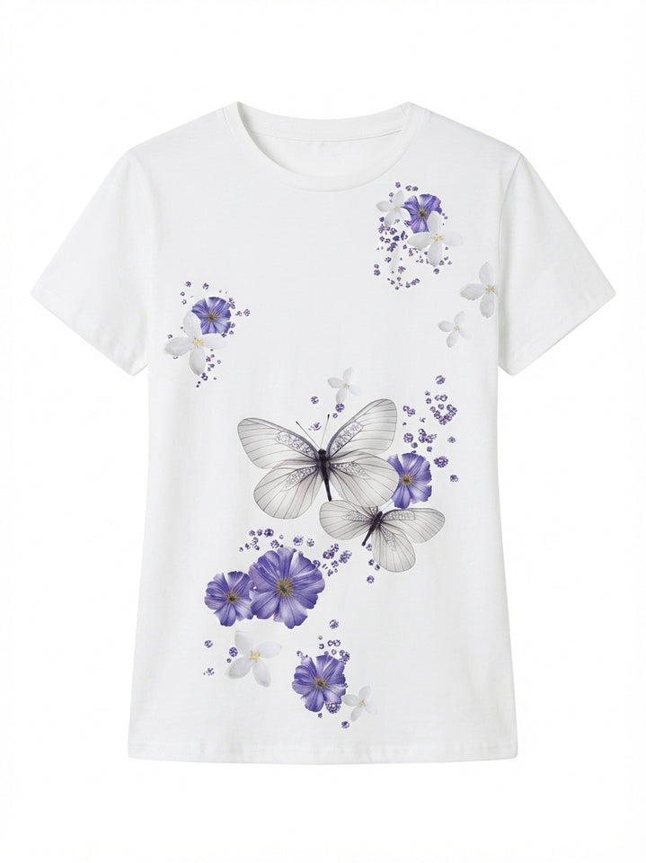 Purple & White Floral Butterfly Print Tee