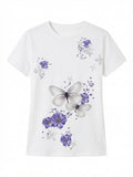 Purple & White Floral Butterfly Print Tee