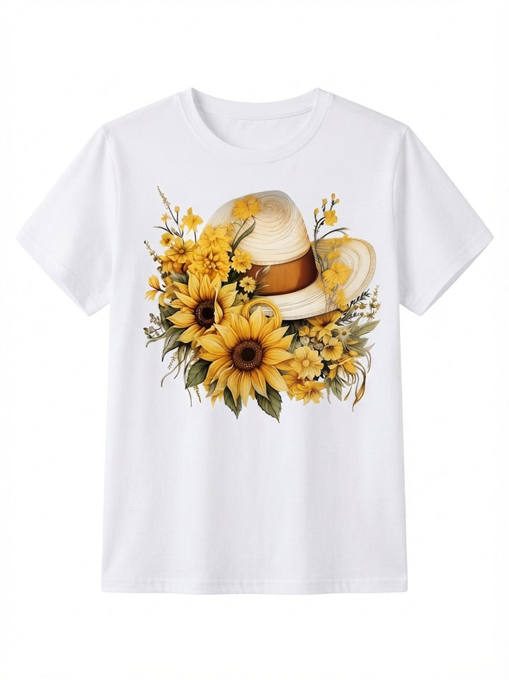 Vacation Hat Sunflower Floral Tee
