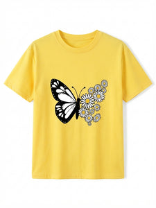 Yellow Butterfly & Flower Cartoon Print Tee