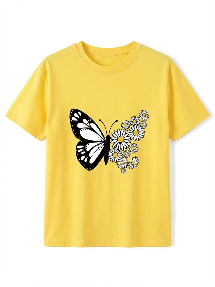 Yellow Butterfly & Flower Cartoon Print Tee